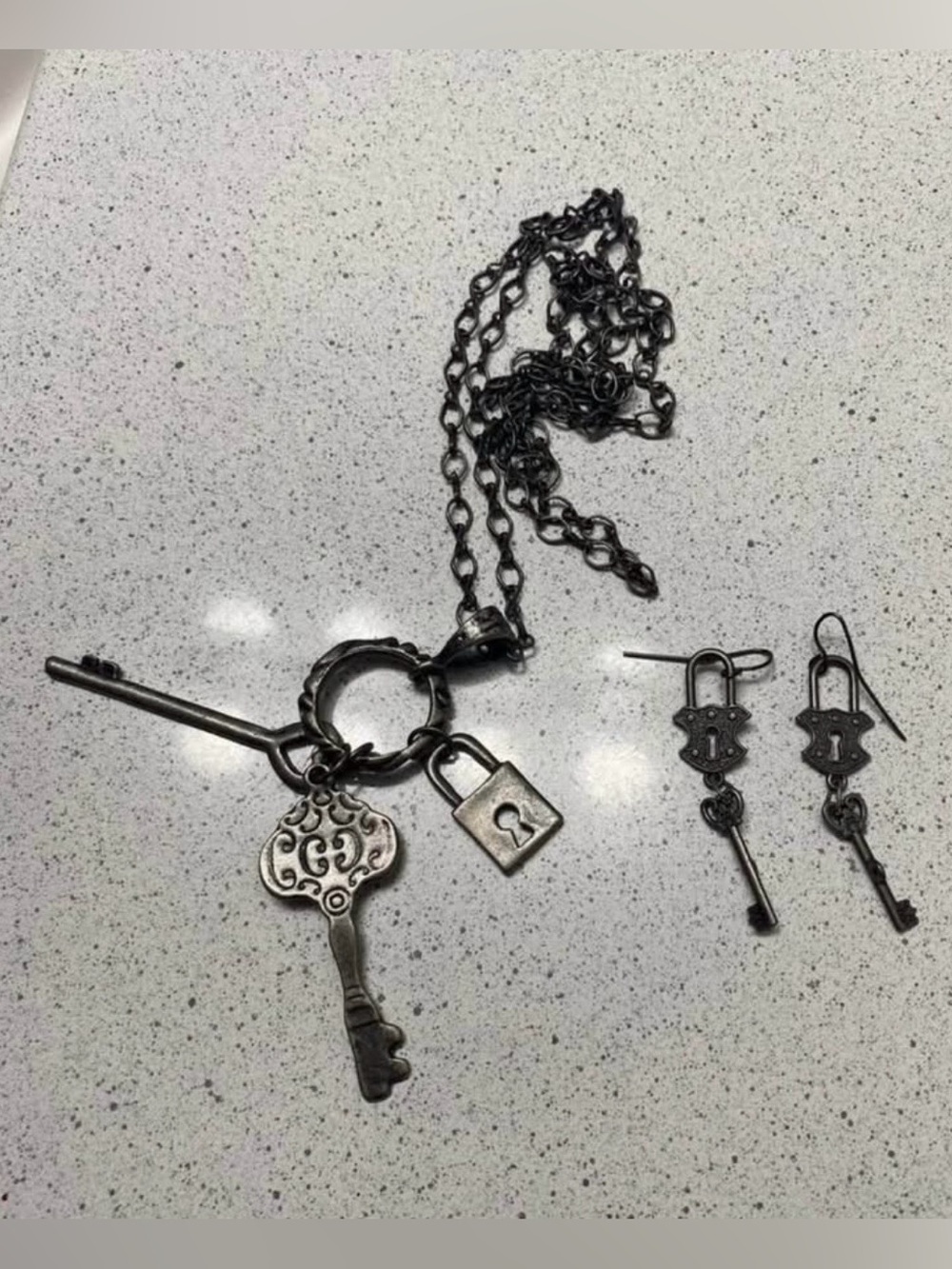 Gun Metal Key and Locks Necklace and Earrings